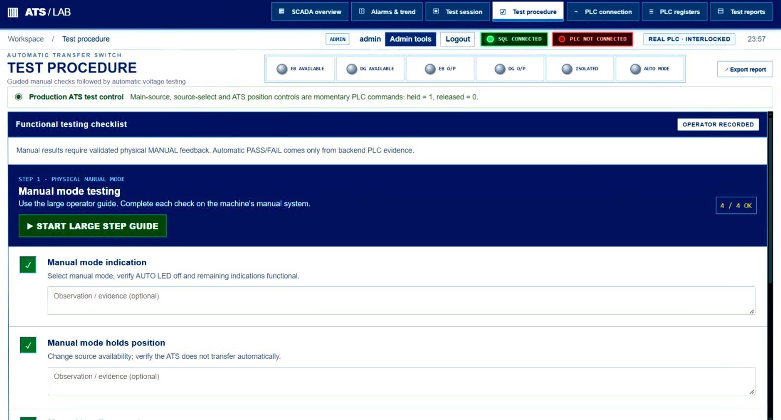 ATS Testing Platform guided test-procedure checklist