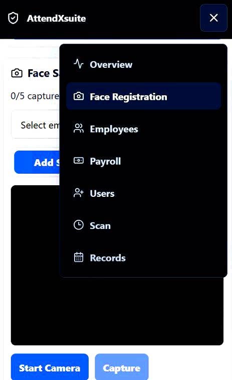 AttendX mobile navigation and face-registration interface