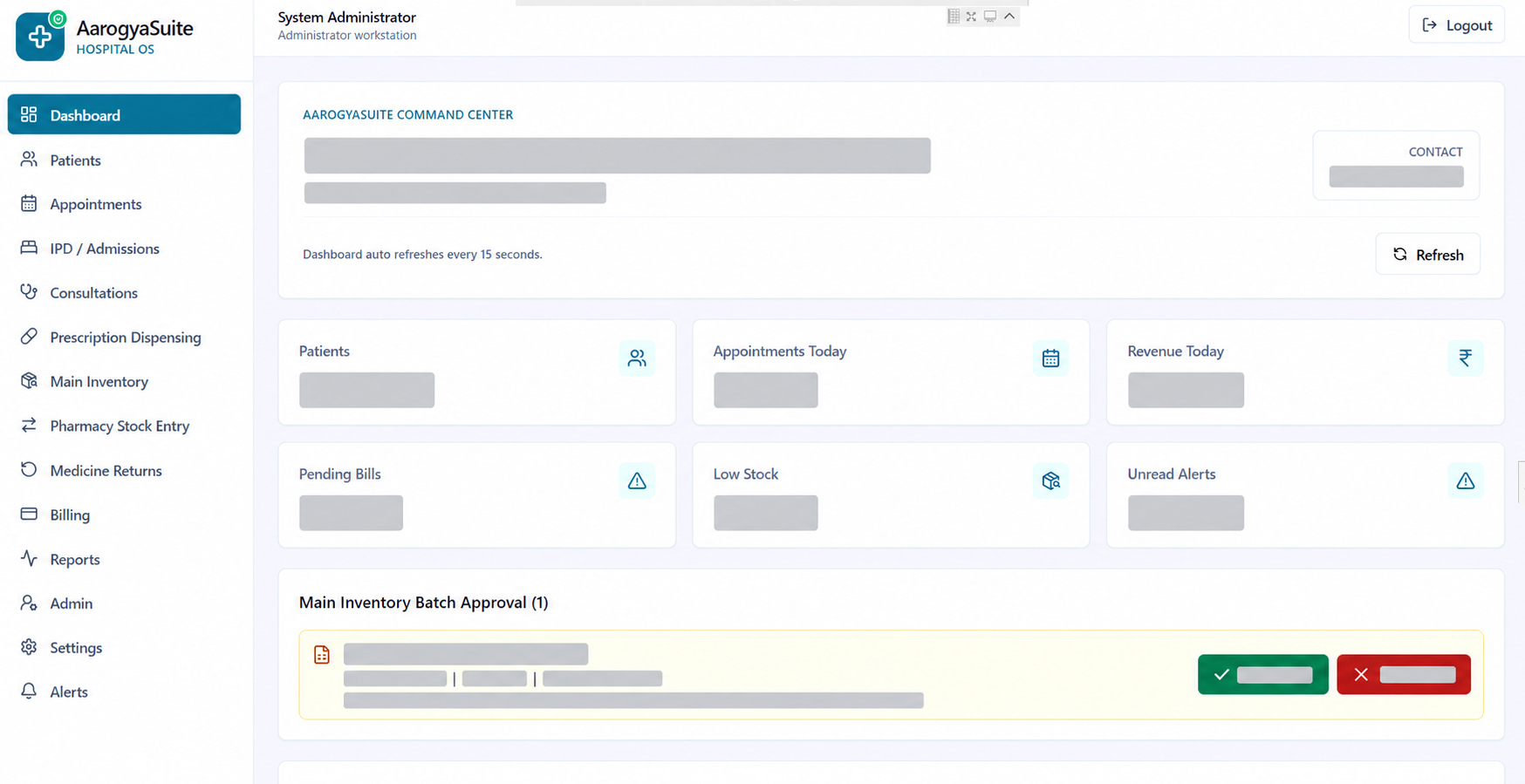 ArogyaSuite hospital operations dashboard with private data hidden